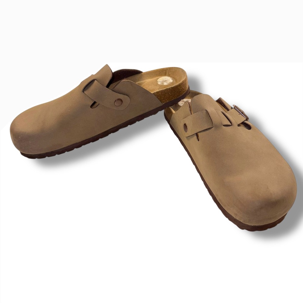 Cushionaire Clog Shoes Women's 11M Tan Leather Buckle Cork Footbed Slip‎ On